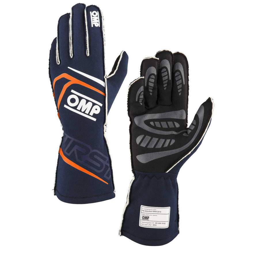 OMP IB0-0776-A01-249-S FIRST Gloves FIA 8856-2018 Navy Blue / Fluo ORANGE SZ. S Photo-0 