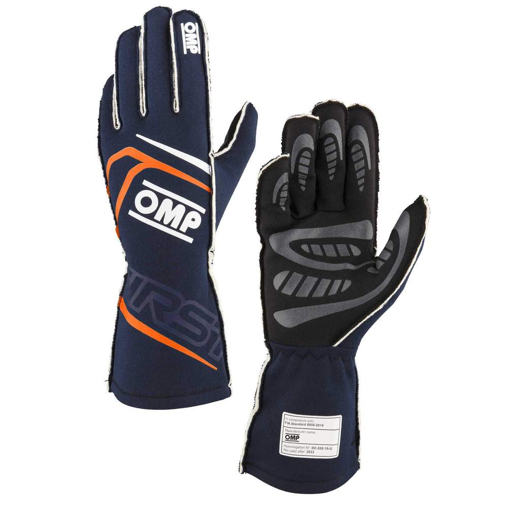 OMP IB0-0776-B01-249-XS Racing Gloves First My2025, FIA 8856-2018, Navy Blue / Fluo Orange, Size XS Photo-0 