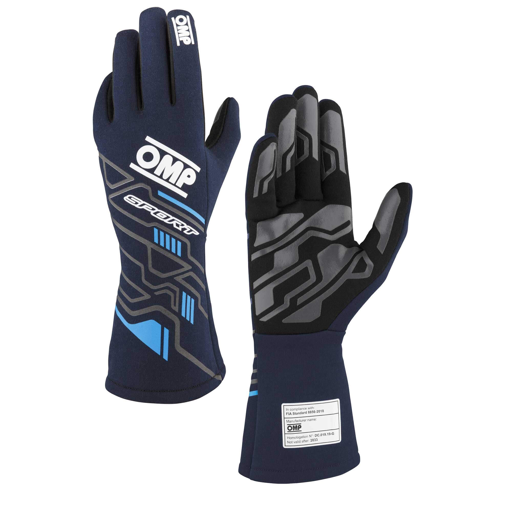 OMP IB0-0777-A01-244-M Gloves SPORT FIA 8856-2018 Navy Blue / Cyan SZ. M Photo-0 
