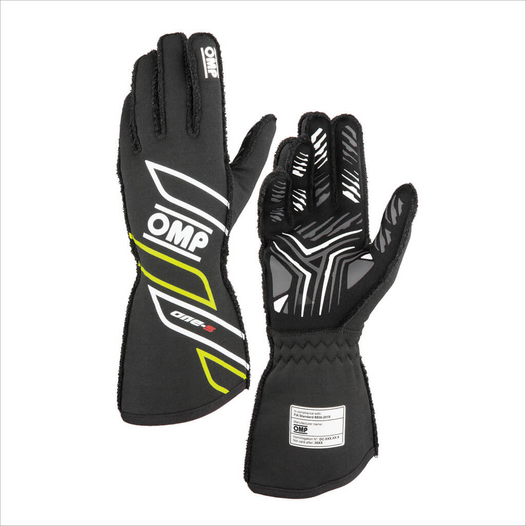 OMP IB0-0778-A01-184-XS Racing Gloves One-S My2025, FIA 8856-2018, Anthracite / Fluo Yellow, Size XS Photo-0 