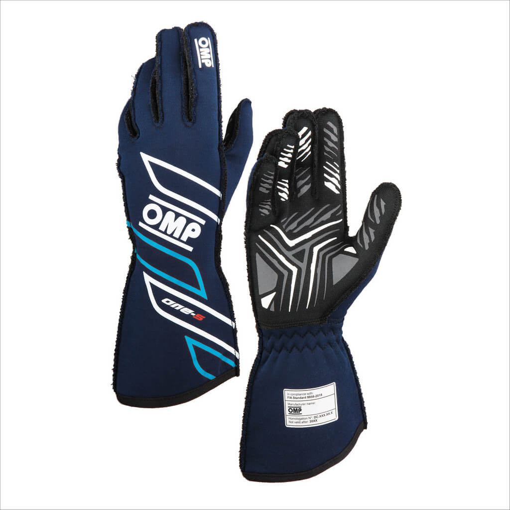 OMP IB0-0778-A01-244-XS Racing Gloves One-S My2025, FIA 8856-2018, Navy Blue / Cyan, Size XS Photo-0 