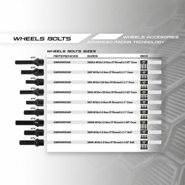 OMP OMPS09544501 Wheel bolt M12x1.5 HEX: 19 L: 45 CONIC Black 4pcs Photo-1 