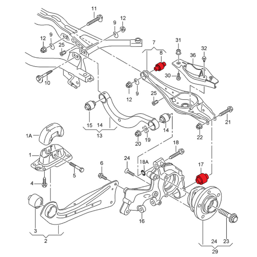 VERKLINE ELA-062 Rear Spring Sitting Wishbone And Wheel Bearing Housing Inserts Kit for AUDI RS3 (8Y / 8V) / VW Golf GTI / R (Mk7 / Mk8) Photo-1 