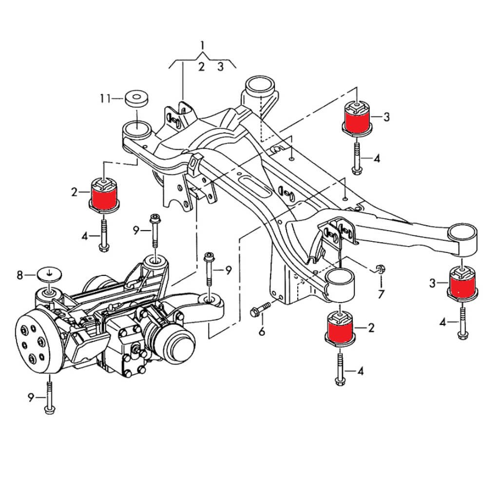 VERKLINE SBK-016 Rear Aluminium Subframe Bushings Kit (8 pcs) for AUDI RS3 (8P) / VW Golf GTI (Mk5 / Mk6) Photo-1 