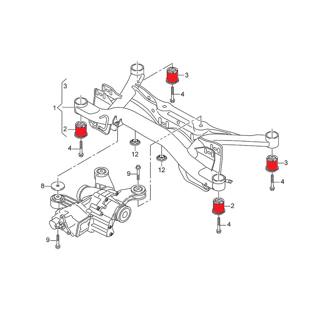 VERKLINE SBK-018 Rear Aluminium Subframe Bushings Kit (8 pcs) for AUDI RS3 (8V) / VW Golf R (Mk7 / Mk8) Photo-2 